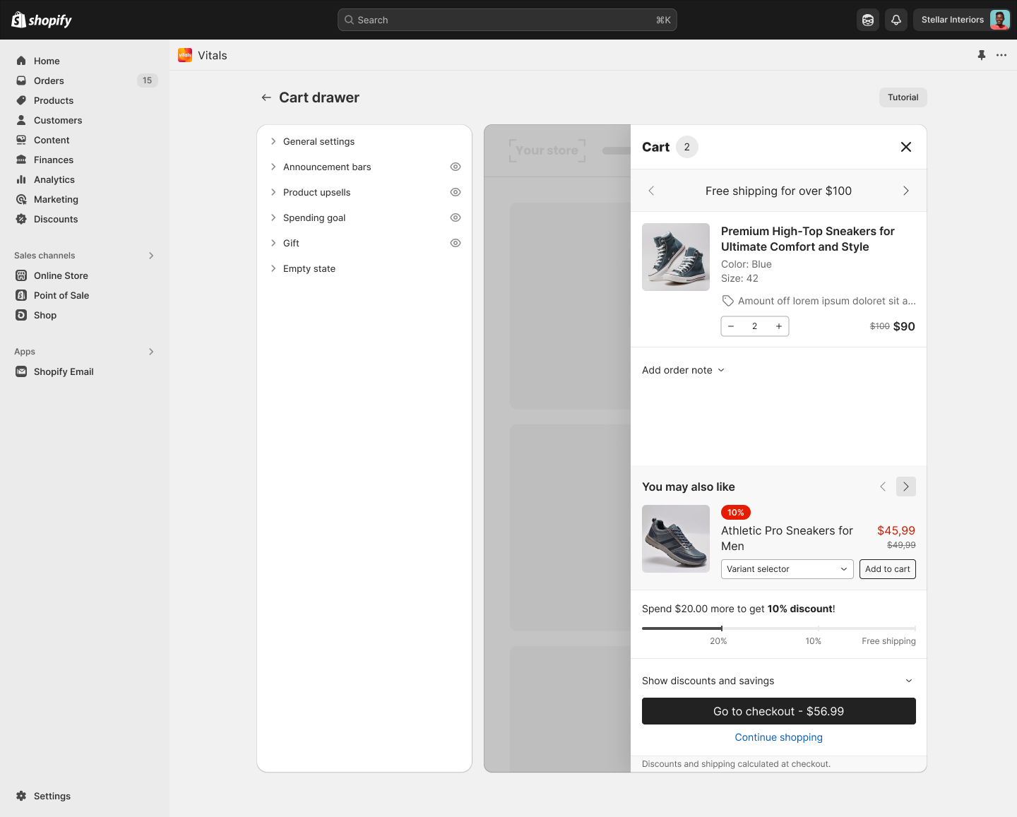The Vitals cart drawer inside the Shopify admin: a settings tree on the left (General settings, Announcement bars, Product upsells, Spending goal, Gift, Empty state) and a live cart preview on the right showing a free-shipping bar, a sneaker line item with quantity stepper and discounted price, an order note, a "You may also like" upsell with a variant selector, a spending-goal progress bar, and a sticky "Go to checkout" button.
