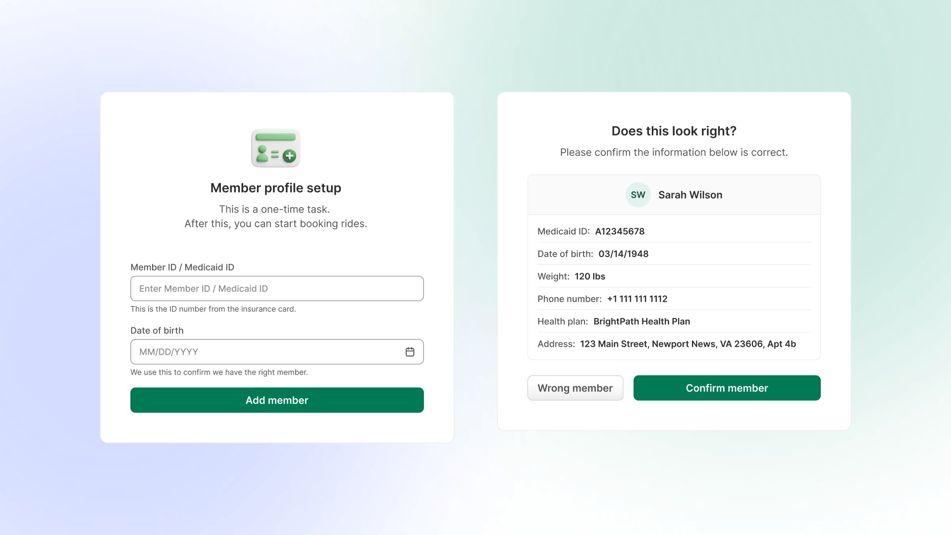 The member-confirmation step at the top of the booking flow: the member’s identity — Medicaid ID and date of birth — surfaced for confirmation before any trip fields are filled in.