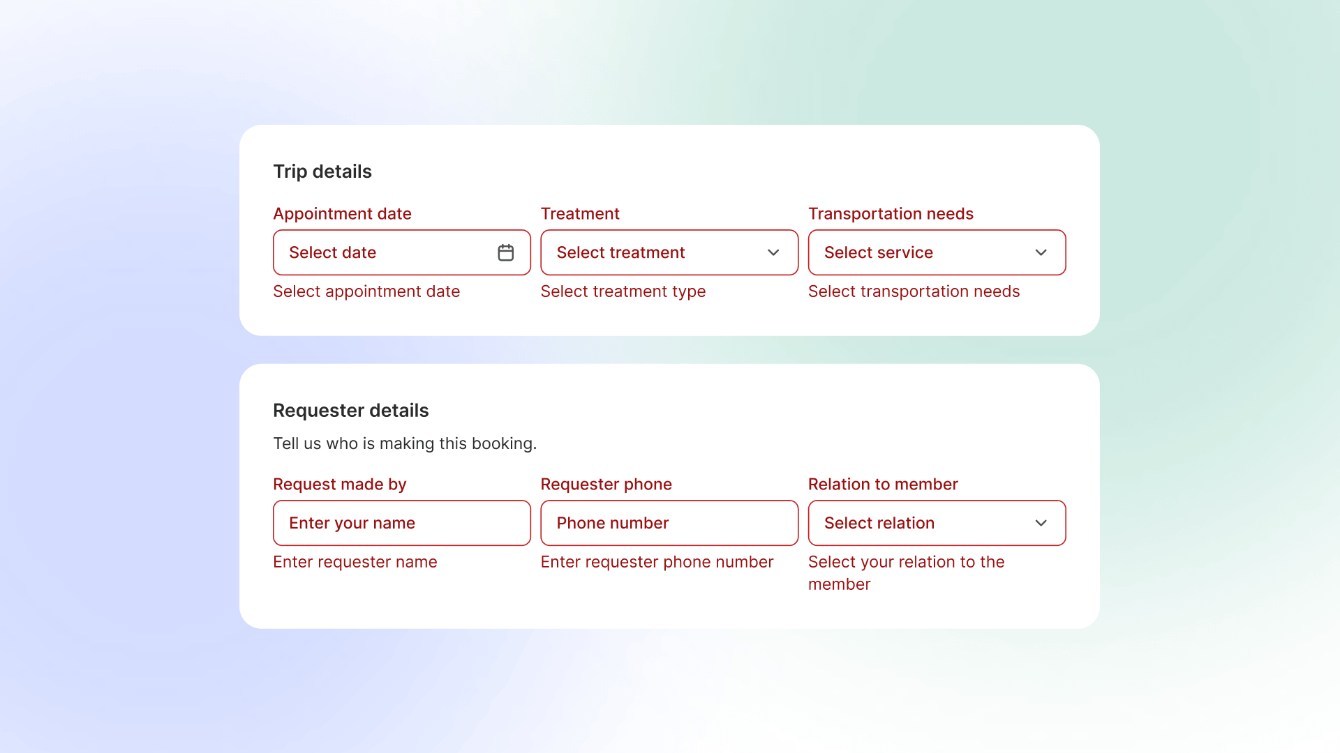 The redesigned booking form showing inline validation: a specific, field-level error message displayed next to the input at the point of entry, rather than a generic error after submission.