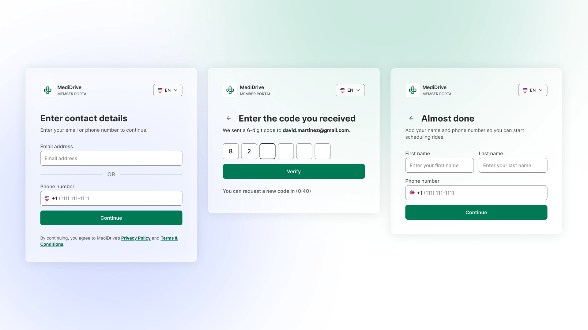 The redesigned MediDrive sign-in: a single entry field accepting either an email address or phone number, with no separate sign-up path — the system recognizes the person and routes returning versus first-time users automatically.