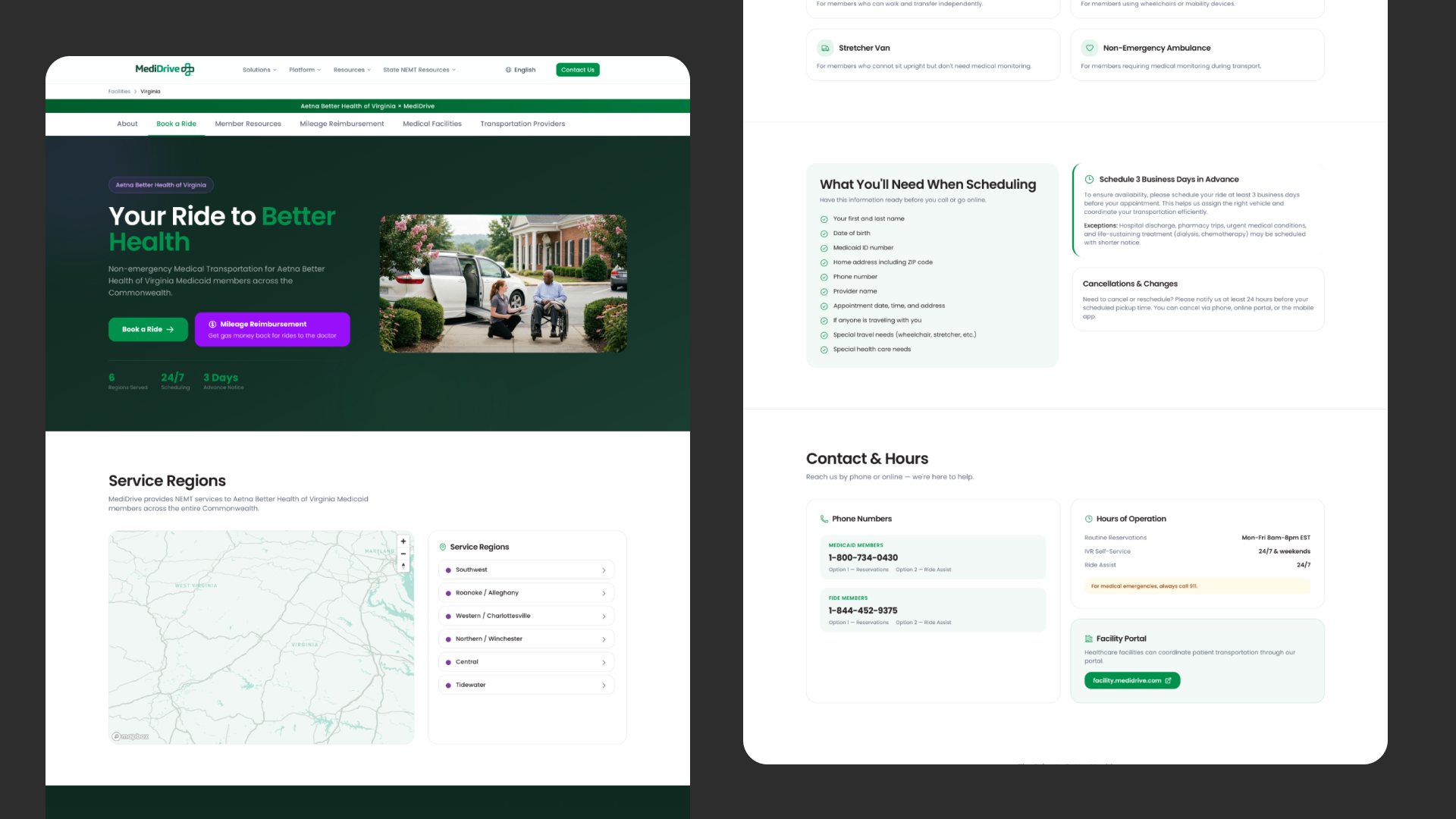 Overview of the redesigned MediDrive state resource pages showing audience routing and responsive layouts.