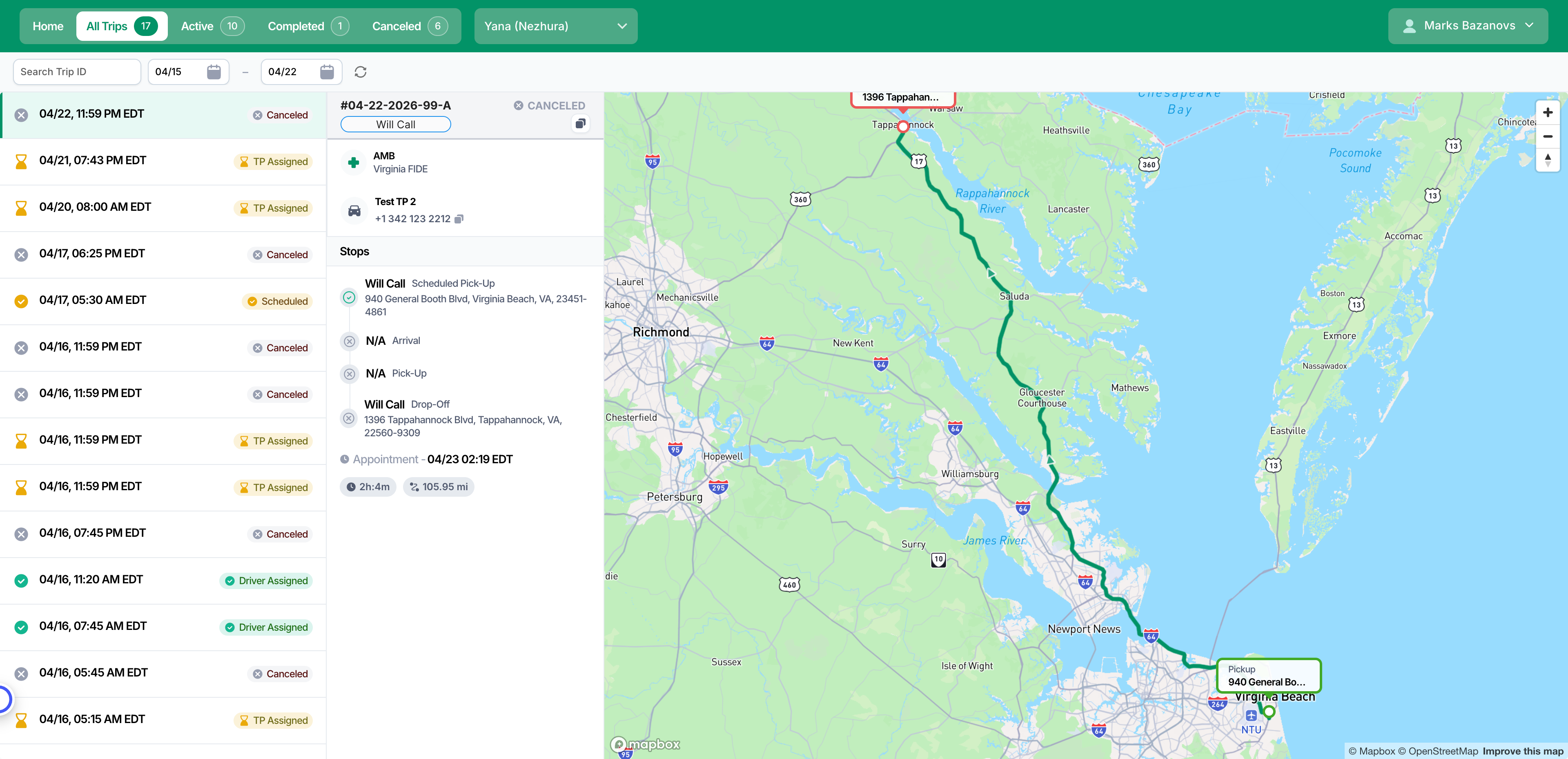 The original MediDrive trip console: a dense dispatcher-oriented list of trips with status pills, a trip-detail panel, and a large route map — built for staff scanning across many members rather than a single member reading their own trips.