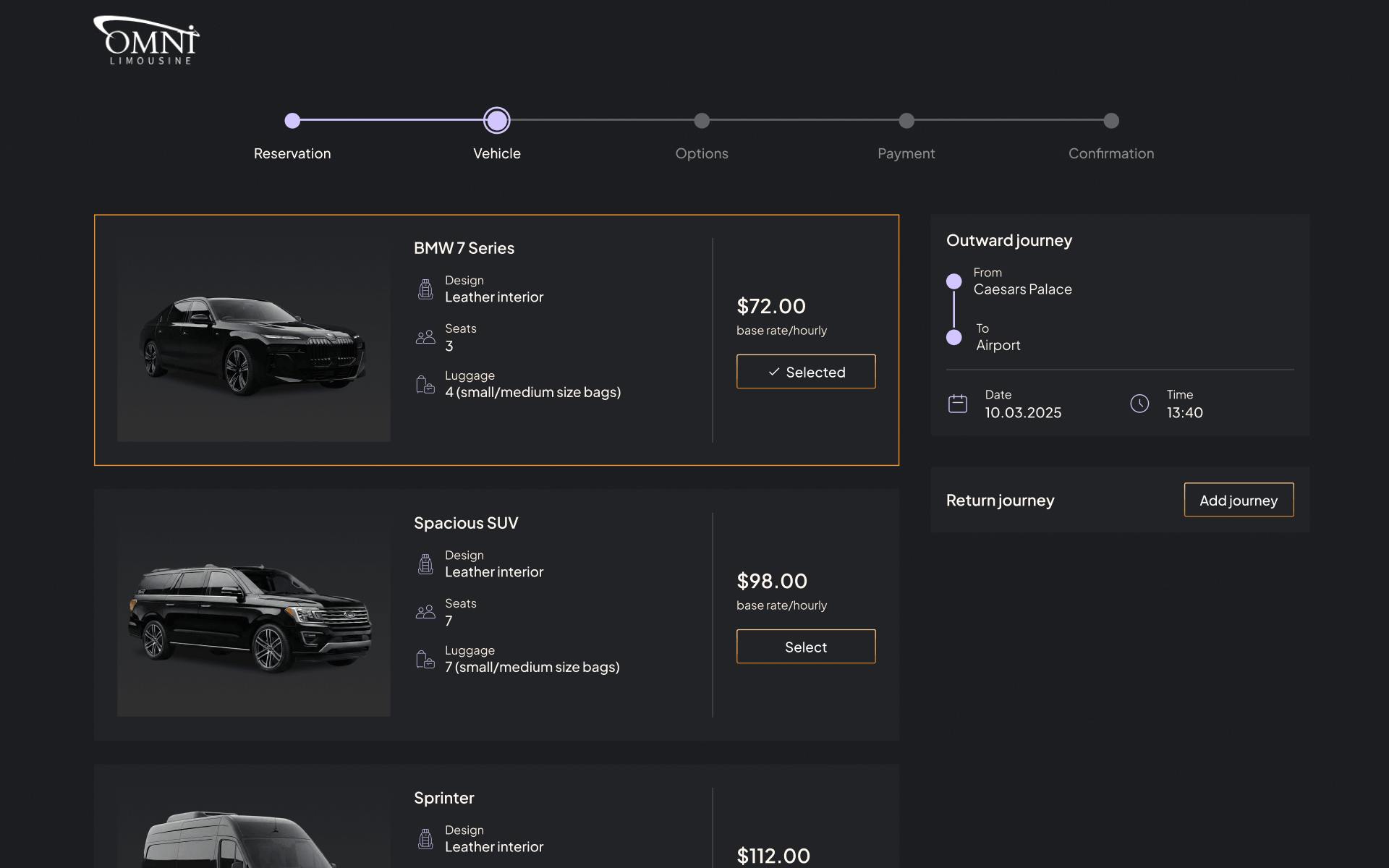 Mobile view of the Omni Limousine booking flow showing thumb-friendly inputs and clear steps.