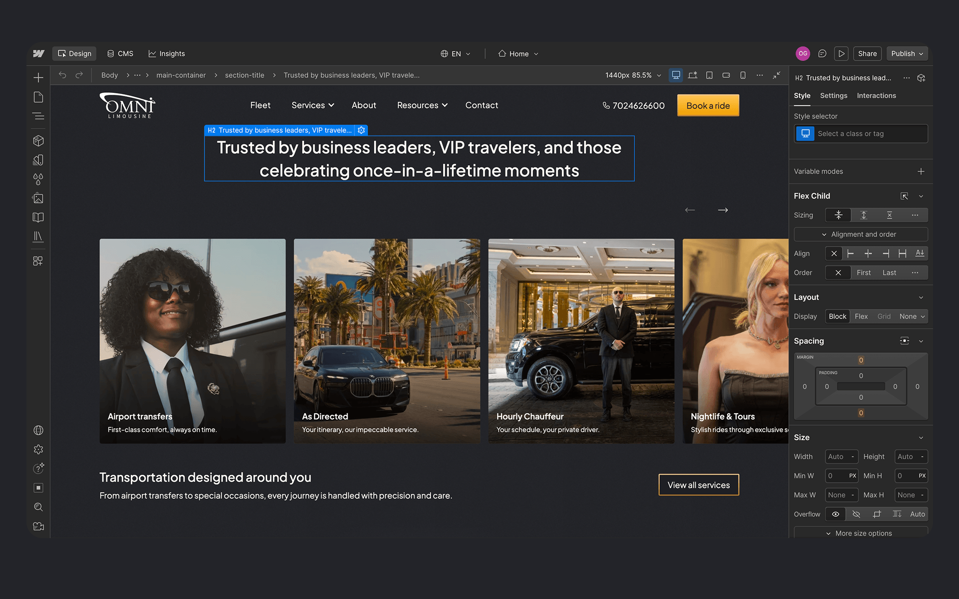 Webflow component structure and layout system designed for the Omni Limousine website.
