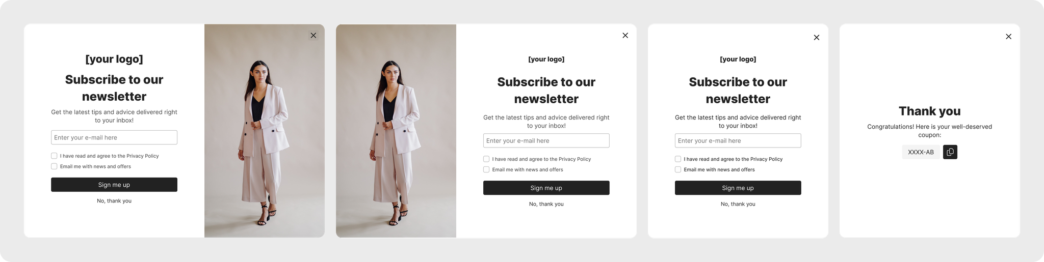 A row of four storefront popup scenarios built from the redesign: image on the right, image on the left, image with logo, and a thank-you screen with a coupon code — all sharing the same clean newsletter-signup layout with an email field, consent checkboxes, and a "Sign me up" button.