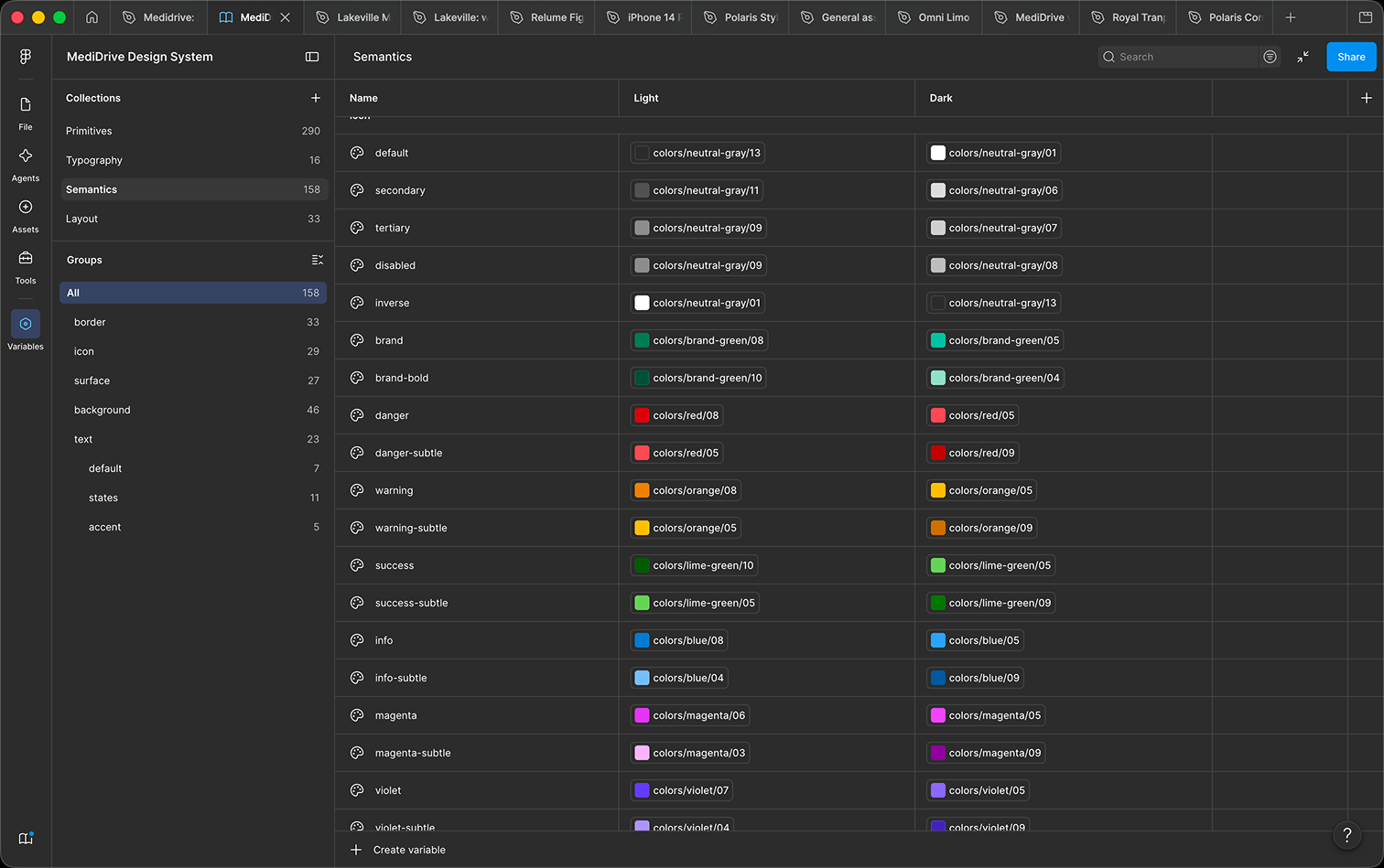 Semantics alias primitives to a role. No semantic token holds a raw hex; it always points to a primitive